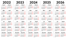 2022 2023 2024 2025 2026 Full Years German Language Calendar Grids, Vertical Layout