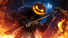 A Sinister Monster With A Pumpkin Head Smiles Ominously Standing In A Dynamic Perspective With An Axe In His Dead Hands, His Eyes Burning With Fire, Against The Background Of A Full Moon. 3d Rendering