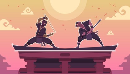 Wall Mural - Ninja fight. Cartoon scene with ancient Japanese warriors in black kimono with swords. Shinobi duel. Assassins standing in combat positions on building roof. Vector fighting game screen