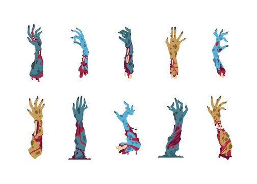 Zombie hands. Cartoon monster arms for Halloween party invitation cards and celebration posters. Isolated human body limbs with rotting flesh and bones. Vector walking dead elements set