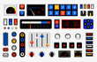© SpicyTruffel - Retro control panel. Computer dashboard elements. Dials or connection ports. Controller buttons template. Electronic indicators with arrows. Vector console switches and toggles set