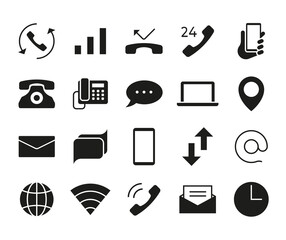 Aufkleber - Communication icons. Smartphone call, mailing or texting symbols. Laptop and network sharing signs. Global phone and Internet connection. Vector isolated black silhouettes elements set