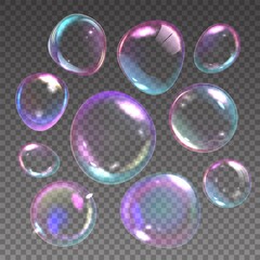 Poster - Foam bubbles. Realistic flying soap balls with rainbow reflections. 3D shampoo transparent glass spheres. Froth elements. Laundry and shower circles set. Vector iridescent round shapes