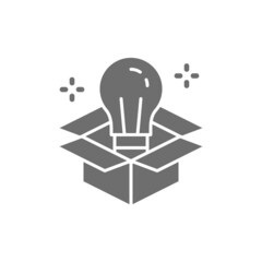 Sticker - Light bulb in box, innovation, creative idea grey icon.