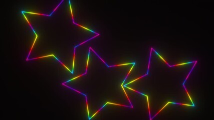 Poster - Vivid falling 3d render spiky shapes. Five star symbols for fun night out and festive atmosphere. Round dance of glowing geometric elements of successful rating.