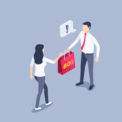 isometric vector illustration on gray background, a man in business clothes with a red tie hands a shopping bag with the inscription 80 % off to a woman, discounts for shopping