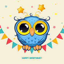 Blue Owl With Large Yellow Eyes Sits On A Festive Garland Of Colored Flags. Greeting Card Or Invitation To The Holiday Birthday. Vector, Illustration