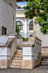 White stone porch of the Old English Courtyard in Moscow