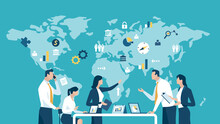 Global Business. Illustration Of A Business Team Standing In Front Of Map. Business Illustration