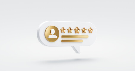 Five gold star rate review customer experience quality service excellent feedback concept on best rating satisfaction background with flat design ranking icon symbol. 3D rendering.