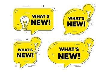 Canvas Print - Whats new text. Idea yellow chat bubbles. Special offer sign. New arrivals symbol. Whats new chat message banners. Idea lightbulb balloons. Vector