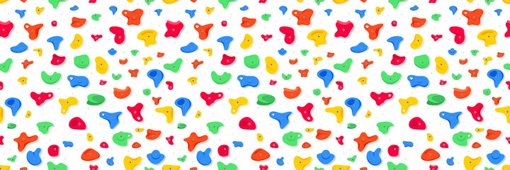 Seamless pattern of climbing grips or holds in the gym bouldering training flat style design vector illustration. Holds for the rock climbing walls. Crimps, jugs, pinches, slopers elements icon signs.