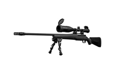 Wall Mural - A modern bolt-action sniper rifle with a telescopic sight sits on a bipod. Weapon for long-range shooting. Armament of the army police and special forces. Isolate on a white back