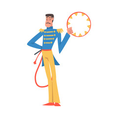 Wall Mural - Man Animal Tamer or Handler with Whip and Circle as Circus Artist Character Performing on Stage or Arena Vector Illustration