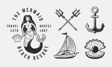Vintage Mermaid, Siren Logo With Boat, Anchor, Pearl Shell And Tridents. Nautical Logo Template. Vector Illustration