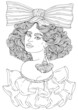 Vector portrait of cheerful smiling young woman with a curly hairstyle decorated with a large bow. A fashionable model in a blouse with ruffles on the bare shoulder and earring tassel. Coloring page
