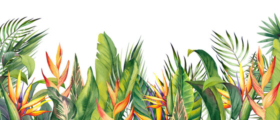 Horizontal border with tropical heliconia, strelitzia flowers and palm leaves. Bird of paradise flowers. Watercolor illustration on white background.