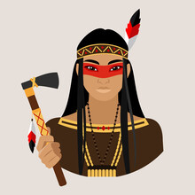 An Avatar Of A Native American Women With A Bandage On Her Head And In A National Costume Holds A Tamoghawk In Her Hand. Wild West. Flat Vector Illustration.