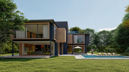 Poster - Large modern contemporary house in wood and concrete