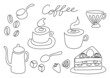 一筆書き　コーヒーと珈琲豆とカフェグッズ（白黒、モノクロ）