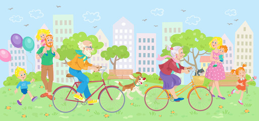 Sticker - Happy people walk and relax in the city park. Parents with children, grandparents on bicycles.  In  cartoon style. Vector illustration.