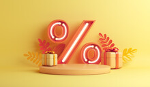 Autumn Sale Background With Neon Light Percent Symbol, Orange Leaves Display Podium Gift Box, Copy Space Text, 3D Rendering Illustration
