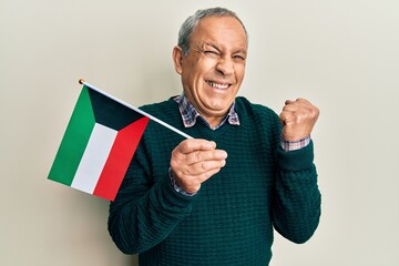 Poster - Handsome senior man with grey hair holding kuwait flag screaming proud, celebrating victory and success very excited with raised arm