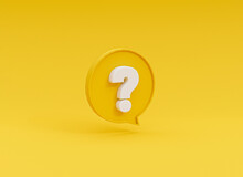 White Questions Mark Illustration Inside Of Yellow Speech Bubble On Yellow Background For FAQ And Question And Answer Time By 3d Rendering.