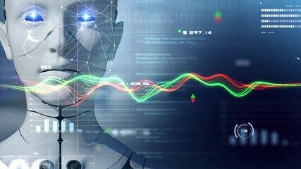 Poster - Future robot trading, Digital crypto currency and stock exchange market graph chart modern finance business data analytic 3D robot, AI robot metaverse digital cyber space background