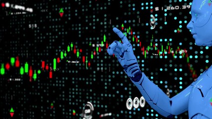 Poster - Future robot trading, Digital crypto currency and stock exchange market graph chart modern finance business data analytic 3D robot, finance business investment computer AI machine learning