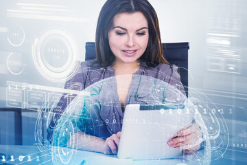 Poster - Businesswoman in purple dress is touching tablet with her finger