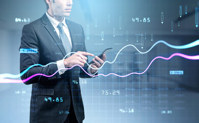 Poster - Businessman wearing formal suit is holding and touching smartpho