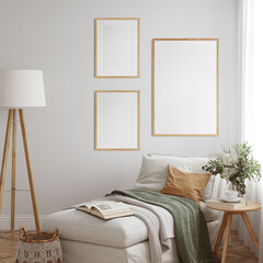 Wall Mural - Friendly interior style. living room. Frame mockup. Poster mockup. 3d rendering, 3d illustration