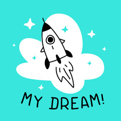 Wall Mural - Vector Kid Space Illustration with Space Ship and Word on Blue Background, Line Art Style
