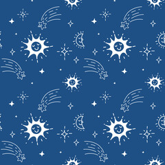 Wall Mural - vector abstract kid space illustration on blue background, fun seamless pattern with star, sun, moon