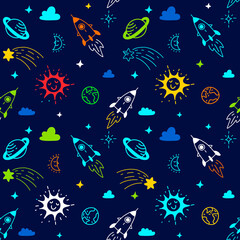 Wall Mural - vector abstract neon color kid space illustration on dark background, fun seamless pattern with spac