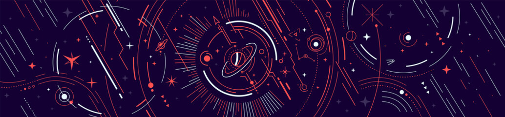 Wall Mural - vector horizontal abstract red and blue space illustration with star, planet and line