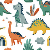 Fototapeta Dinusie - Cute dinosaurs seamless vector pattern with bright color dino, leaves, cloud, rainbow, star on white background. Cool kid nursery print design in scandinavian style