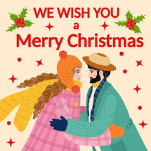 Christmas And Happy New Year Illustration. Trendy Retro Style, Design Template.