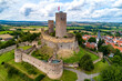 Ruin of medieval Münzenberg castle in Hesse, Germany. Built in12th century, one of the best preserved castles from the High Middle Ages in Germany. Summer, aerial view