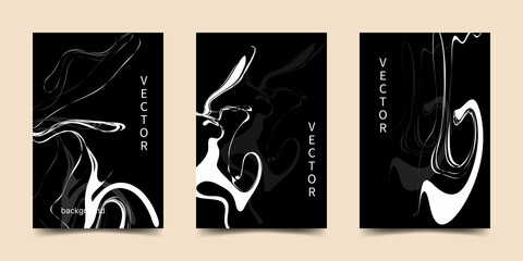 Vector abstract poster template with liquid lines. White wavy lines on a black background. Design for banner, flyer, invitation, cover, business card.