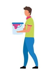 Poster - Young man with paint bucket semi flat color vector character. Walking figure. Full body person on white. Prep for painting isolated modern cartoon style illustration for graphic design and animation