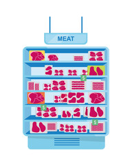 Poster - Meat refrigerator for supermarket semi flat color vector object. Full sized item on white. Meat freezer. Fresh food storage isolated modern cartoon style illustration for graphic design and animation