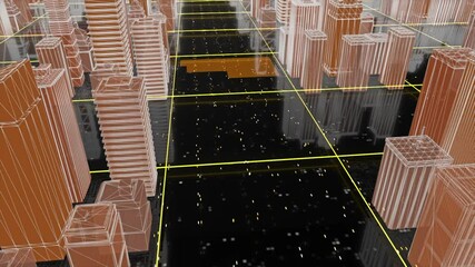 Poster - Beautiful futuristic city in cyberspace. Motion. 3D city with glowing roads in virtual world. Virtual city layout for video games