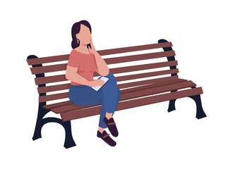 Sticker - Young woman waiting for someone on bench semi flat color vector character. Full body person on white. Girl waiting for date isolated modern cartoon style illustration for graphic design and animation