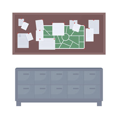 Wall Mural - Filing cabinet and cork board semi flat color vector objects. Full sized items on white. Bulletin board and office furniture isolated modern cartoon style illustration for graphic design and animation