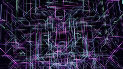 Poster - Computer electronic circuit with codes. Motion. Colored lines move schematically with program codes. Animation of 3d diagrams in cyberspace with codes