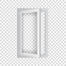 PVC Single Window With Half Open Casement. Realistic Plastic Window Mockup Template. White Windowpane Frame With Transparent Pane.