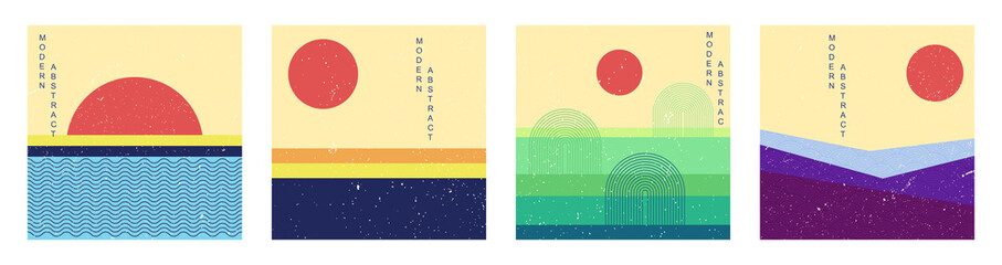 Wall Mural - minimalist landscape set. collection of abstract modern posters with sun, sea and fields. retro grap