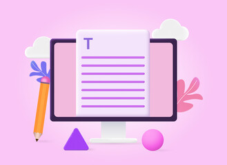 Aufkleber - Online document concept. Computer screen with open text file and large pencil. Copywriting, journalism and writing. Online training. Cartoon 3D vector illustration isolated on pink background